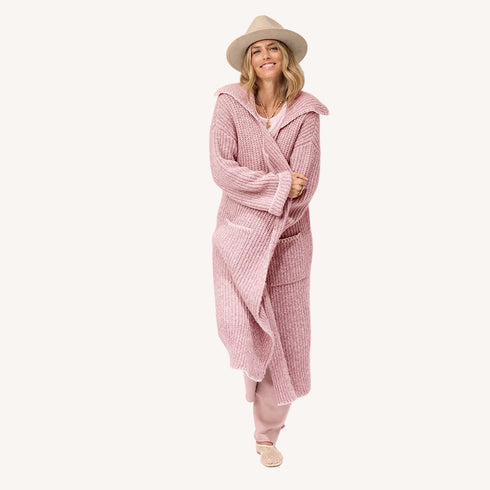 The morning coffee mauve ribbed long cardigan duster with a collar and long sleeves - Shop women's cardi dusters by Kerri Rosenthal
