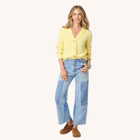 Pretty little button-front yellow cardi in 100% cashmere with V-neck and tonal heart elbows - Shop women's cute cardigans by Kerri Rosenthal