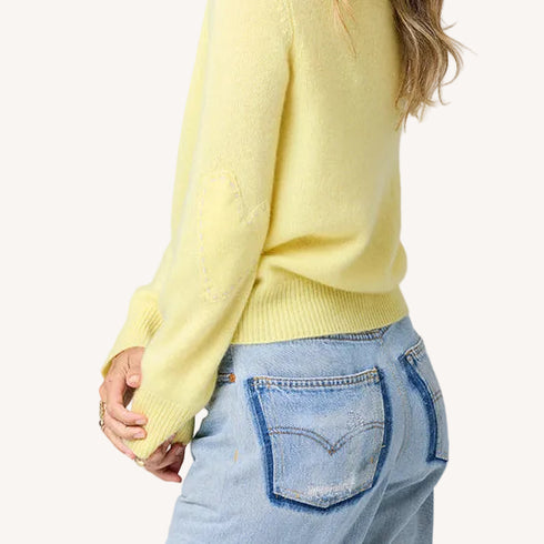 Pretty button-front yellow cardi in 100% cashmere with V-neck and tonal heart elbows - Shop women's cute cardigans by Kerri Rosenthal