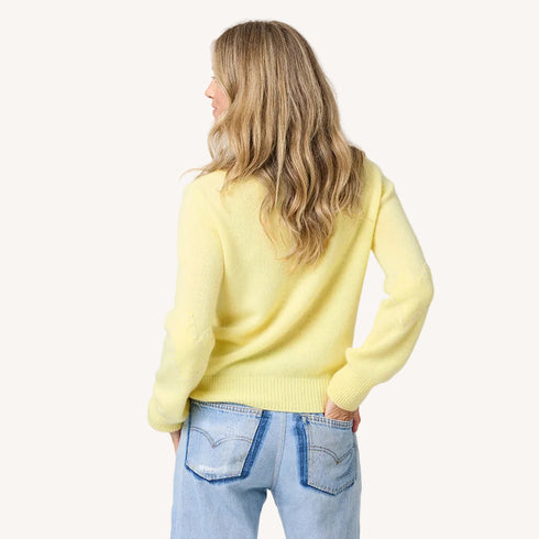 Pretty button-front yellow cardi in 100% cashmere with V-neck and tonal heart elbows - Shop women's cute cardigans by Kerri Rosenthal