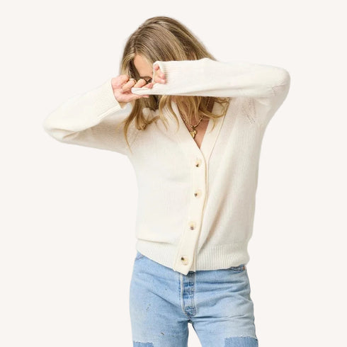 Pretty little button-front cream cardi in 100% cashmere with V-neck - Shop women's cute cardigans by Kerri Rosenthal