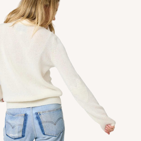 Pretty little button-front cream cardi in 100% cashmere with V-neck and tonal heart elbows - Shop women's cardigans by Kerri Rosenthal