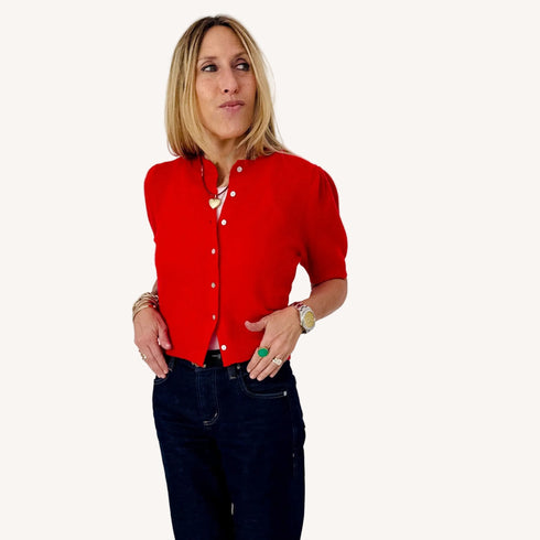 Red puff short-sleeve button-front cashmere cardigan - Shop women's cute cropped cardigans by Kerri Rosenthal