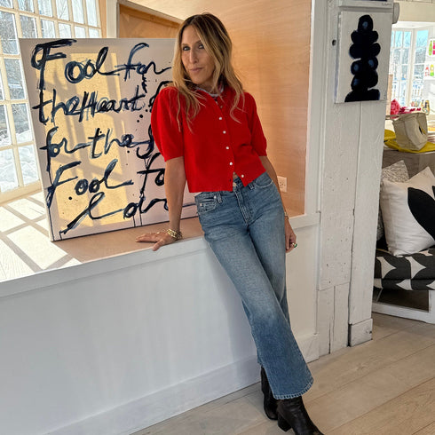 Red puff short-sleeve button-front cashmere cardigan - Shop women's designer cropped cardigans by Kerri Rosenthal