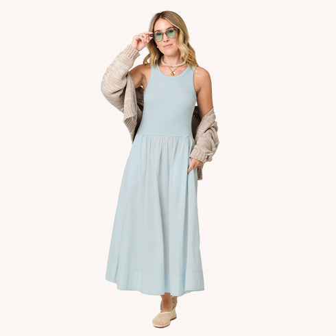 KR Tank light blue sleeveless dress and Sienna love beige open front cardi in 100% cotton by Kerri Rosenthal