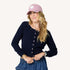 Charmed indigo blue button-down cashmere cardi with pink baseball cap hat - Shop women's cute cardigans by Kerri Rosenthal