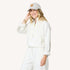 Zip-up mock neck cream sweatshirt in cotton loop terry with grey baseball cap hat by Kerri Rosenthal