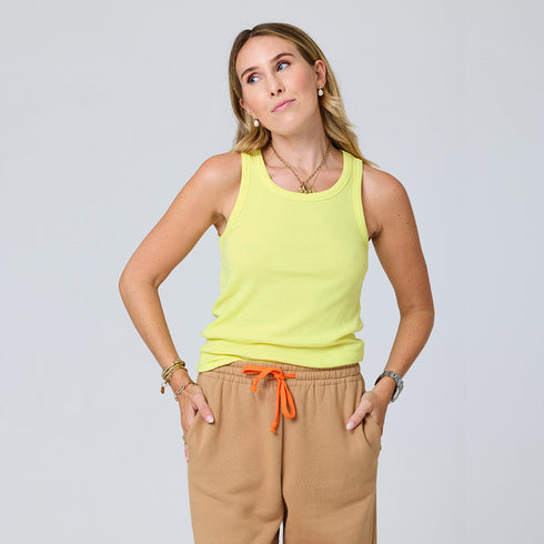 Weekend Barb camel sweatpants in 100% cotton fleece with yellow tank top - Shop women's sweatpants and tank tops by Kerri Rosenthal