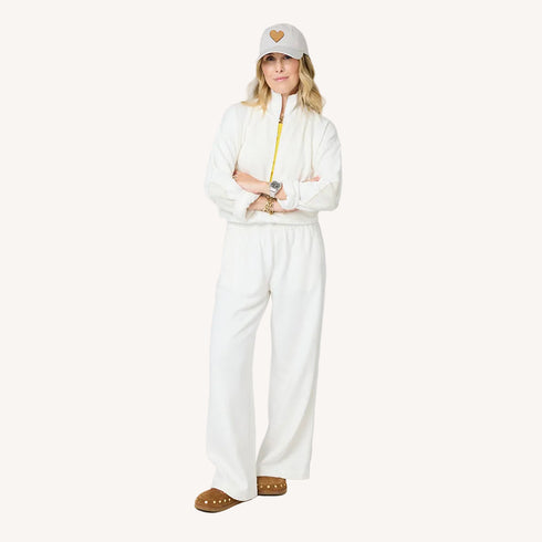 Weekend cream palazzo sweatpant in 100% cotton fleece with a contrast side stripe and cropped sweatshirt by Kerri Rosenthal