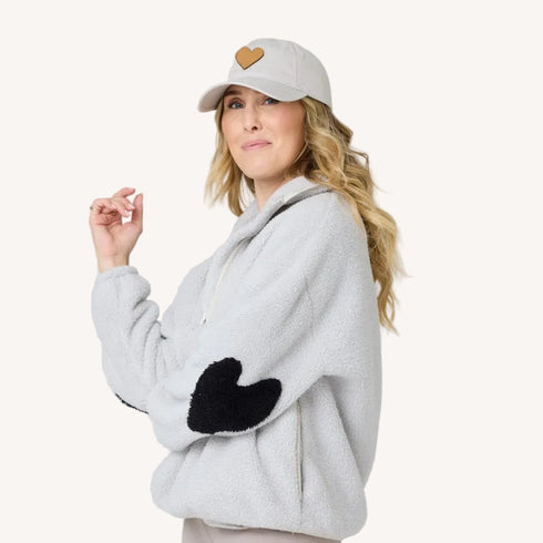 The quarter zip coze magoze light grey teddy pullover with black heart elbow patches, side pockets - Shop women's jackets by Kerri Rosenthal