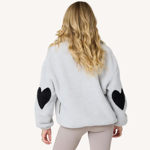 The quarter zip coze magoze light grey teddy pullover with black heart elbow patches- Shop women's jackets by Kerri Rosenthal