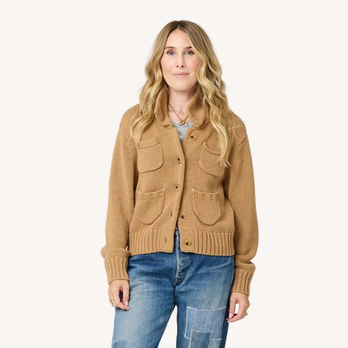 Love cotton knit beige button-down bomber jacket with contrast elbows and double pockets by Kerri Rosenthal