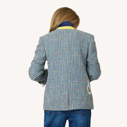 Workday Love Rises multicolor single-breasted blazer jacket in wool blend with heart elbow patches by Kerri Rosenthal