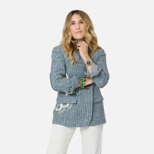 Workday Love Rises multicolor single-breasted wool blend blazer jacket with heart elbow patches by Kerri Rosenthal