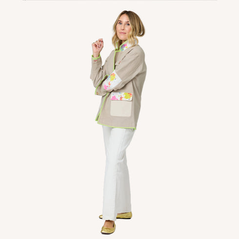 Barn beige blazer jacket in cotton blend with elbow patches and Kerri's paint-splat artwork - Cute blazers by Kerri Rosenthal