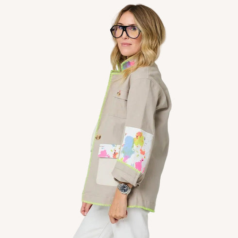Barn beige blazer jacket in cotton blend with elbow patches and Kerri's paint-splat artwork - Cute blazers by Kerri Rosenthal