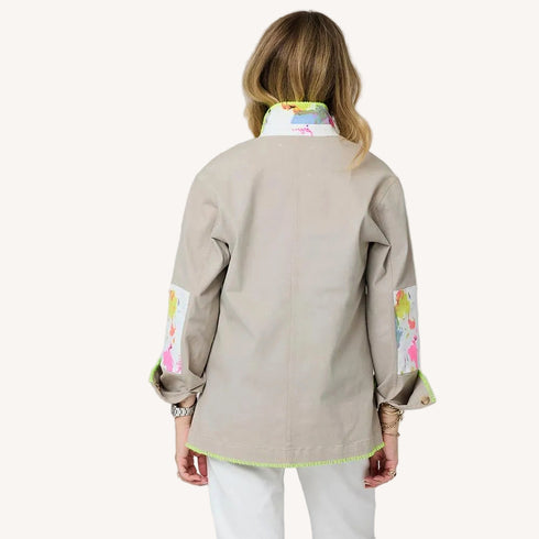 Barn beige blazer jacket in cotton blend with elbow patches and Kerri's paint-splat artwork by Kerri Rosenthal