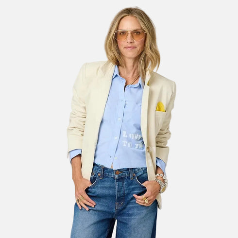 Workday Love Rises single-breasted beige blazer in cotton blend with removable heart-shaped hanky and heart elbow patches - Shop blazers by Kerri Rosenthal