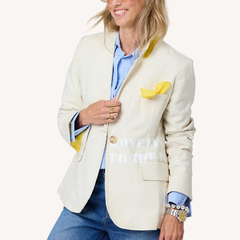 Workday Love Rises single-breasted beige blazer in cotton blend with removable heart-shaped hanky and heart elbow patches - Women's blazers by Kerri Rosenthal