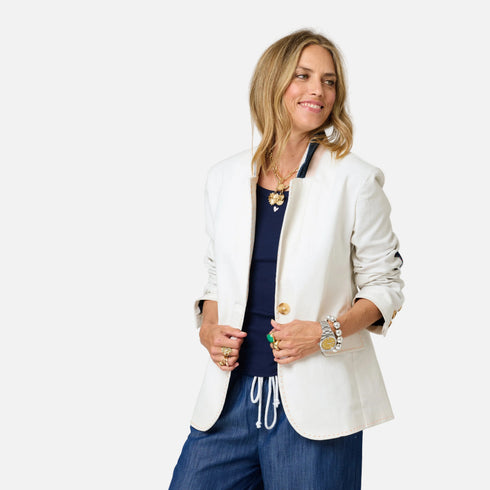 Summer cream womens blazer jacket in cotton with heart elbow patches - Shop cute blazer jackets by Kerri Rosenthal