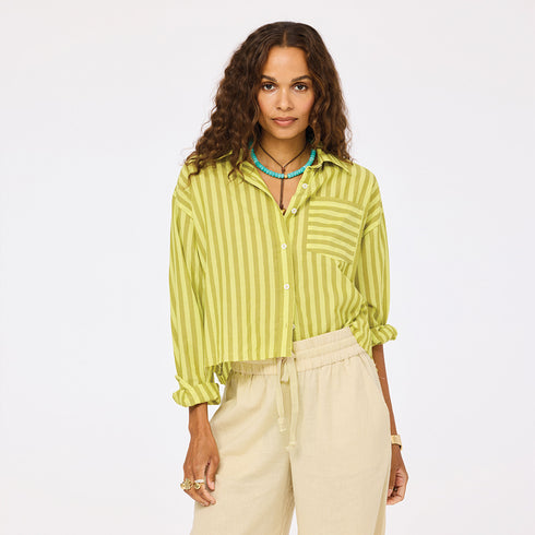 Tia faded stripe lime green shirt in cotton with cropped button-down - Shop women's cotton shirts by Kerri Rosenthal