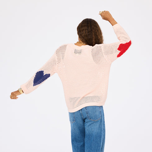 Catch open stitch baby pink sweater in 100% cotton with heart elbows - Shop women's cute sweaters by Kerri Rosenthal