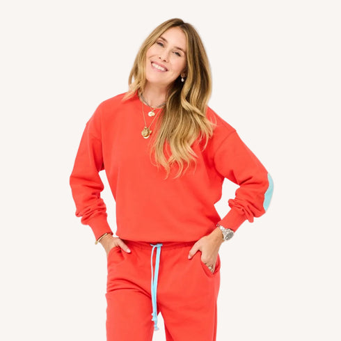 The ex-boyfriend imperfect heart red sweatshirt in 100% cotton fleece with heart elbow patches - Shop cute women’s sweatshirts by Kerri Rosenthal