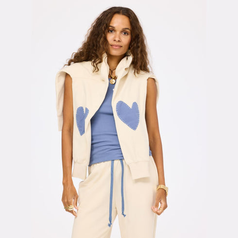 The ex-boyfriend imperfect heart sand beige sweatshirt in cotton fleece with heart elbow patches and KR dark french blue ribbed tank top - Shop cute women’s sweatshirts & tops by Kerri Rosenthal