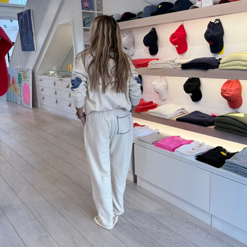 The weekend barb sand beige sweatpants in 100% cotton with side pockets and a tiny embroidered heart - Shop cute women’s sweatpants by Kerri Rosenthal