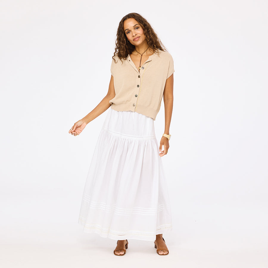 Vacance pintuck white long skirt in 100% cotton with beige cardigan - Shop women's maxi skirts by Kerri Rosenthal