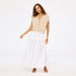 Vacance pintuck white long skirt in 100% cotton with beige cardigan - Shop women's maxi skirts by Kerri Rosenthal