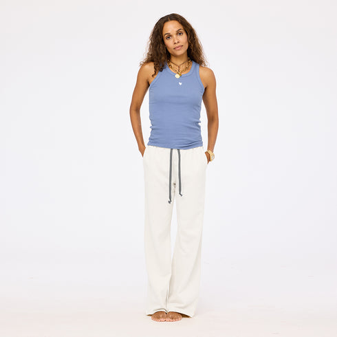 Weekend barb white sweatpants in cotton with blue tank top - Shop cute white sweatpants & tank tops by Kerri Rosenthal