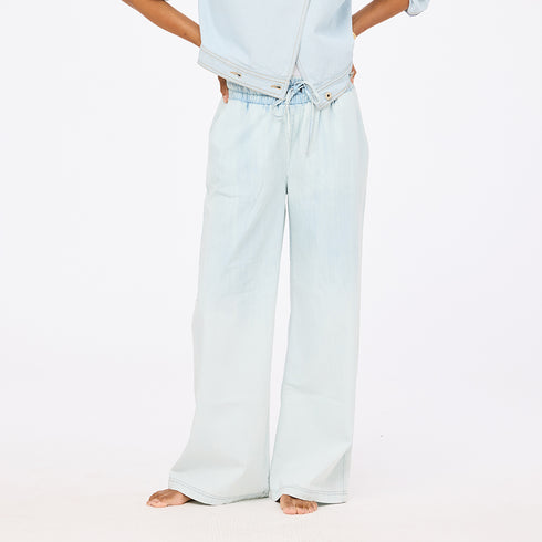 Light blue wide leg palazzo pants in cotton denim with drawcord waist - Shop cute cotton palazzo pants by Kerri Rosenthal