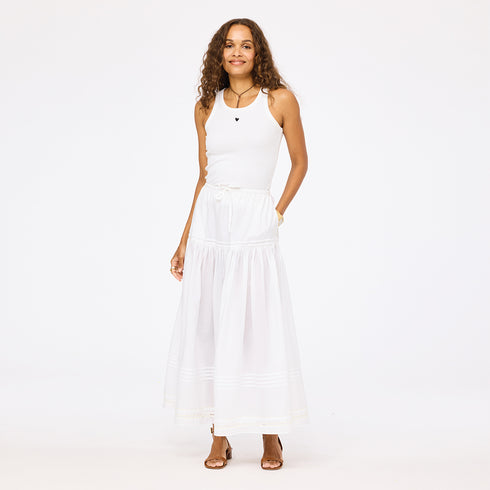 Vacance pintuck cotton long white flowy skirt with white tank top - Shop women's cute maxi skirts by Kerri Rosenthal
