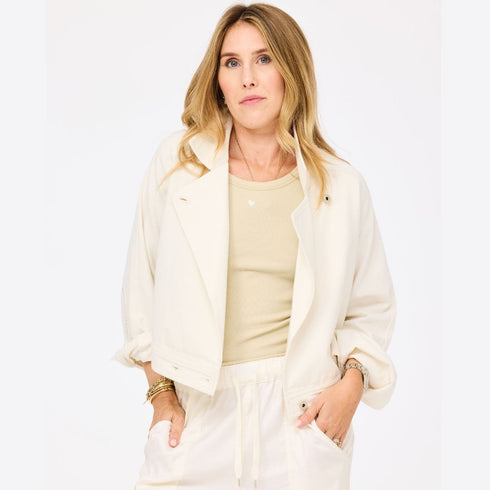 White jacket denim in 100% cotton denim with Heart elbow patches - Shop women's white denim jackets by Kerri Rosenthal