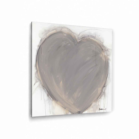 Crazy, Messy, Beautiful Life art print: a large taupe-gray heart with loose, painterly brushstrokes and a charcoal outline with drips running down, on a white canvas, printed on brushed aluminum