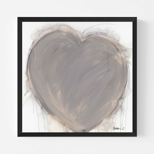 Crazy, Messy, Beautiful Life art print: a large taupe-gray heart with loose, painterly brushstrokes and a charcoal outline with drips running down, on a white canvas, in a black frame