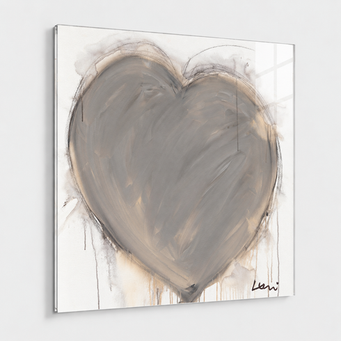 Crazy, Messy, Beautiful Life art print: a large taupe-gray heart with loose, painterly brushstrokes and a charcoal outline with drips running down, on a white canvas, mounted under plexi with a frameless finish