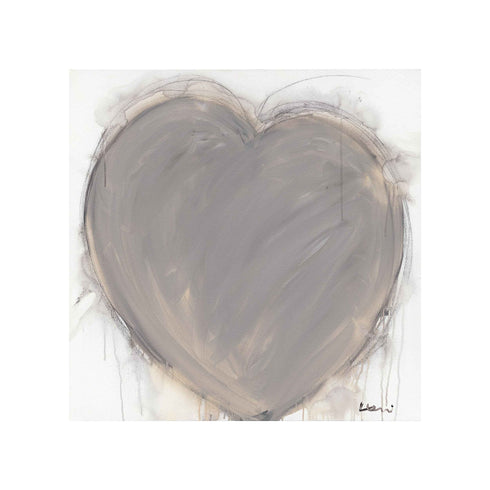 Crazy, Messy, Beautiful Life art print: a large taupe-gray heart with loose, painterly brushstrokes and a charcoal outline with drips running down, on a white canvas, shown as an unframed print