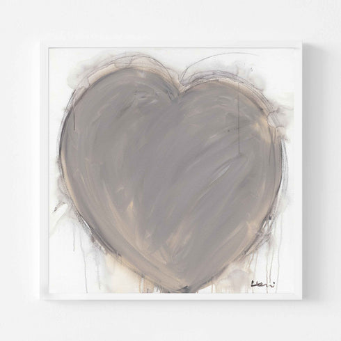 Crazy, Messy, Beautiful Life art print: a large taupe-gray heart with loose, painterly brushstrokes and a charcoal outline with drips running down, on a white canvas, in a white frame