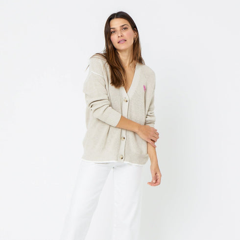 Beige Birch slouchy V neck cardigan with cute tiny pink heart 100% cotton oversized fit cardi cardigans for women by Kerri Rosenthal