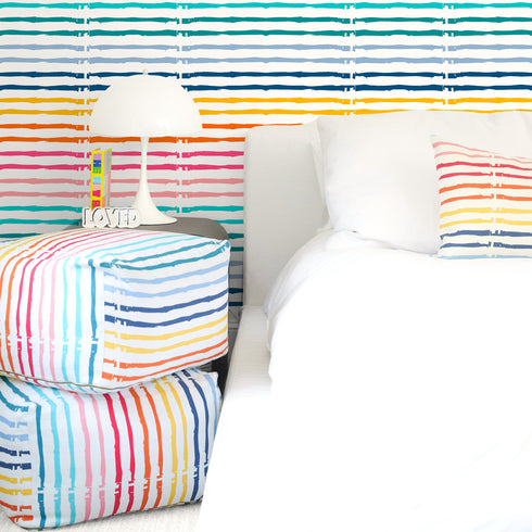 Vibrant colorful Bibliotheque rainbow multi stripe floor block ottoman throw pillow and wall paper - Home Decor by Kerri Rosenthal