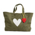 Olive green canvas tote bag with a white heart print and a red heart-shaped keychain charm.
