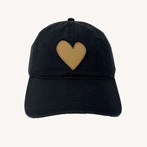 KR Imperfect heart black baseball cap hat with brown heart patch made from 100% cotton and adjustable strap - Shop Cute heart baseball caps by Kerri Rosenthal