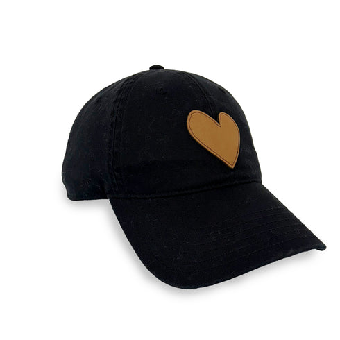 KR Imperfect heart black baseball cap hat with brown heart patch made from 100% cotton and adjustable strap - Shop Cute heart baseball caps by Kerri Rosenthal