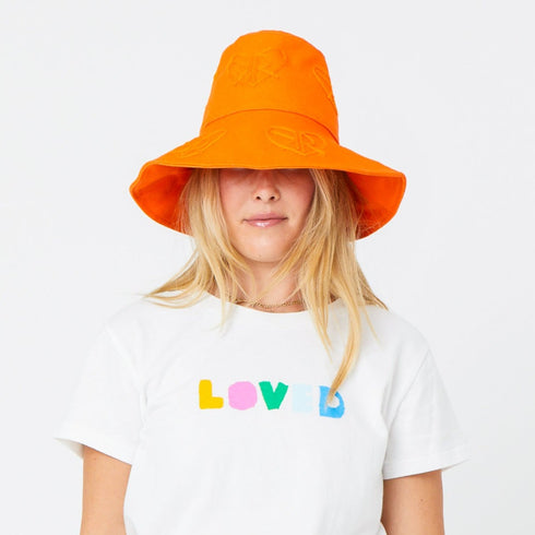 Stylish orange sunny daze cotton bucket hat big brim and embroidered details - Cute designer bucket caps hats by Kerri Rosenthal