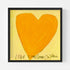 Love Looks Good on You art print: a bold orange heart with an angular shape on a pale yellow background, with "Love Looks Good On You" hand-painted below it in black, in a black frame
