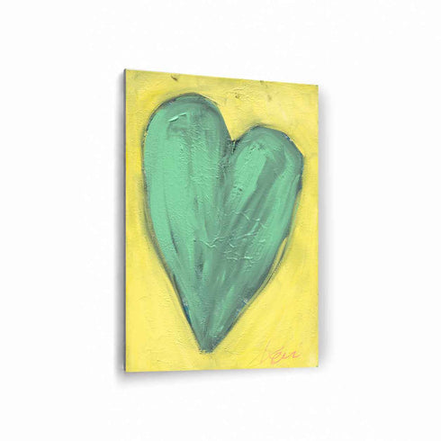 Love Note 2 art print: a tall green-teal heart with thick textured brushstrokes on a bright yellow background, signed in pink, printed on brushed aluminum