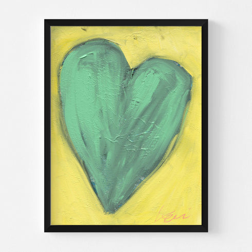 Love Note 2 art print: a tall green-teal heart with thick textured brushstrokes on a bright yellow background, signed in pink, in a black frame