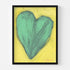 Love Note 2 art print: a tall green-teal heart with thick textured brushstrokes on a bright yellow background, signed in pink, in a black frame